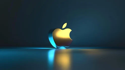 3D Golden Apple Logo on Reflective Surface with Blue Ambient Light.