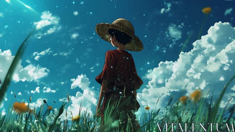 Straw hat wanderer under vast summer sky in meadow.