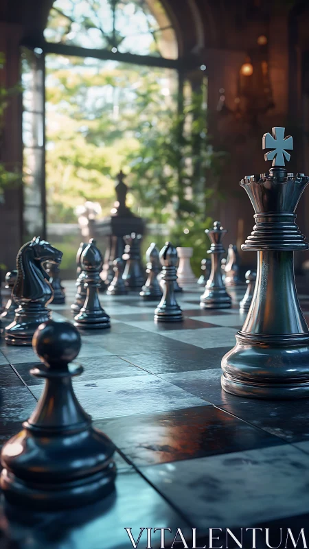 Sunlit metal chess kings dominate reflective marble board.