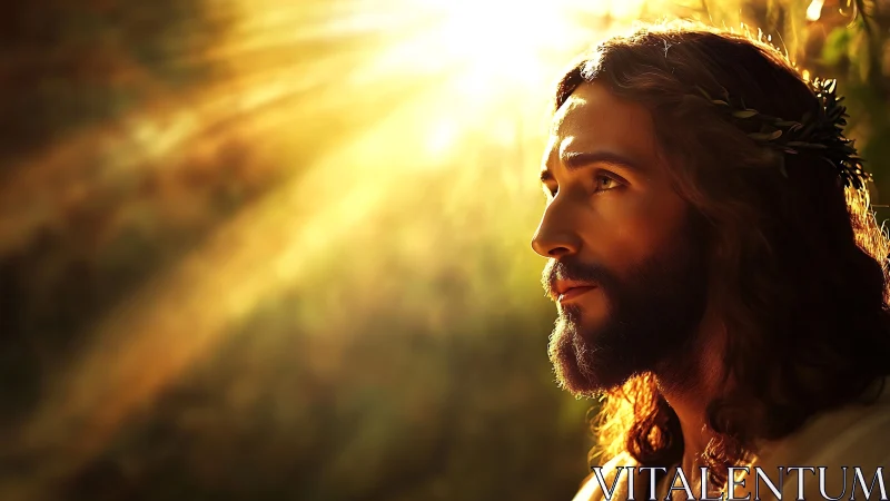 Bearded man in robe looks toward bright golden sunlight.