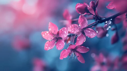 Pink Blossoms Glistening with Dewdrops in Dreamlike Blue-Hued Light