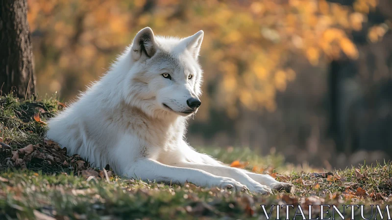 Autumn-lit white wolf resting in a hush of golden forest calm.