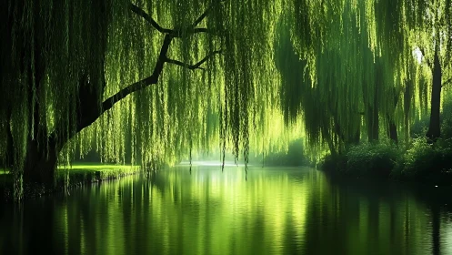 Willow trees over calm river in dense green riverside grove.