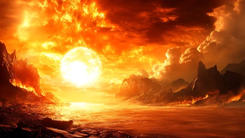 Molten exoplanet horizon under colossal stellar inferno sky