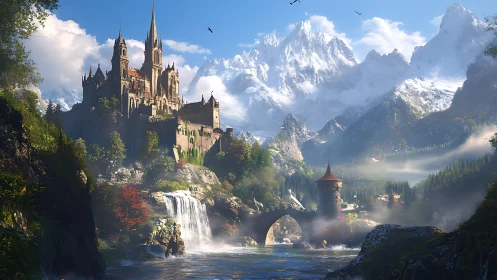 Mountain fortress above river, waterfall and stone bridge.