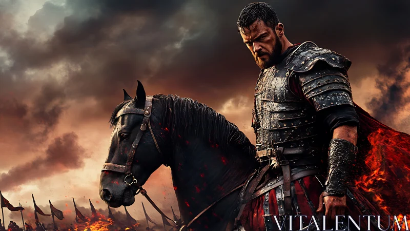 Armored warrior on horseback amid burning battlefield.