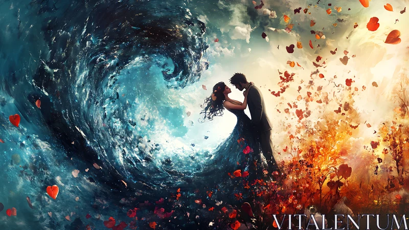 Couple kissing amid swirling water vortex and floating petals.