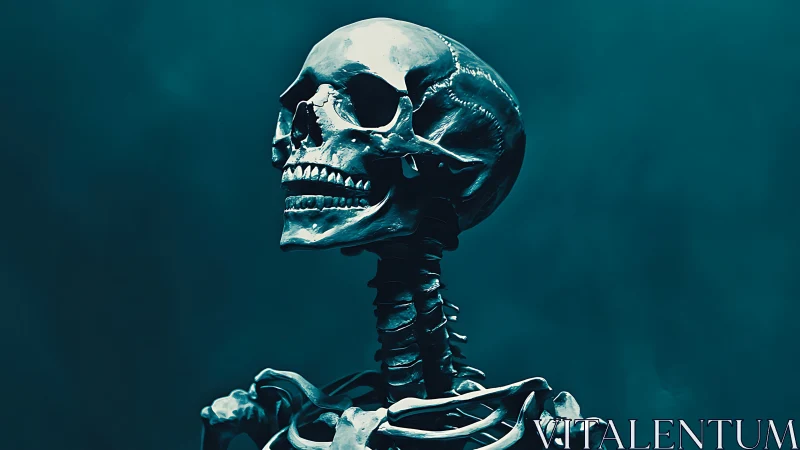 Metallic human skeleton rendered against deep teal haze