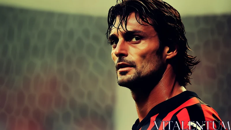 Intense football portrait with dramatic stadium bokeh lighting.