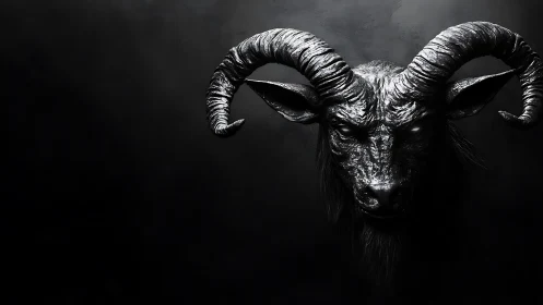 Horned goat-like black sculpture head on dark background.