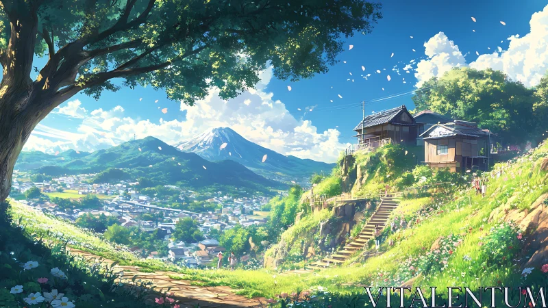 Sunlit hillside village welcomes a peaceful summer day