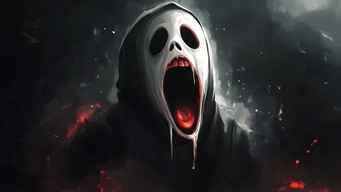 Hooded white mask with gaping mouth in dark smoke.
