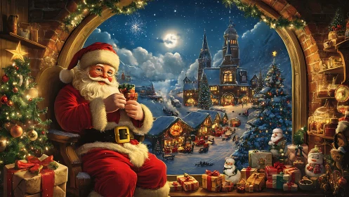 Santa sits in workshop window overlooking snowy Christmas village