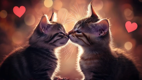 Two Cats Greeting with Raised Heads Against Warm Bokeh Background.