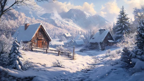 Snow covered mountain village with wooden winter cabins.