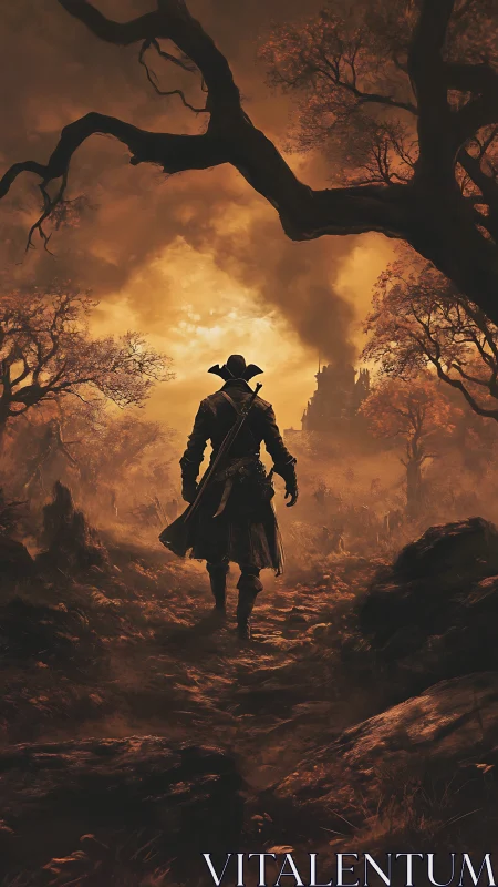 Lone cloaked figure walks toward distant castle at sunset