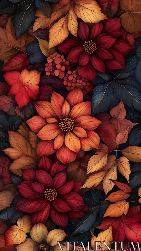 Layered Floral Composition with Autumn Foliage and Deep Color Palette