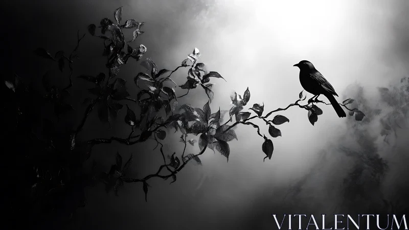 Solitary Blackbird on Branch in Dramatic Monochrome Lighting.