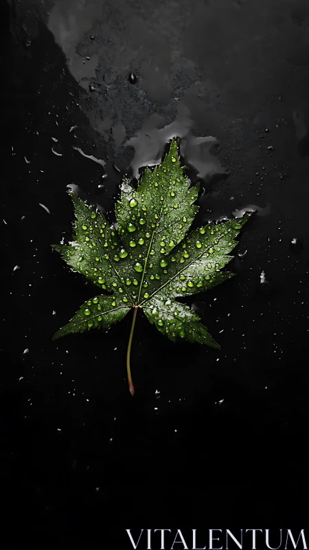 Rain-kissed maple leaf glowing on midnight stone canvas.