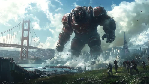 Giant combat mech advances on San Francisco under heavy smoke