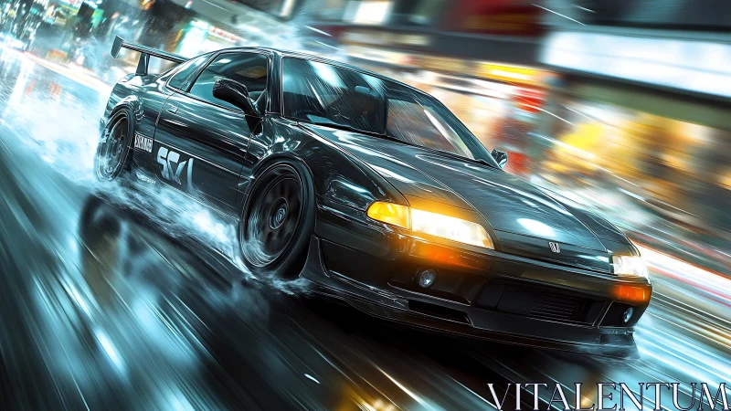 Night street racer car drifts through neon city rainstorm.