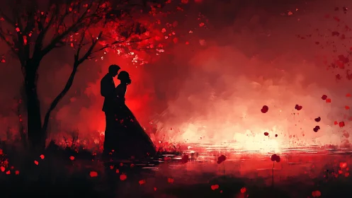 Silhouetted couple embraces beneath luminous crimson tree against fiery atmospheric gradient