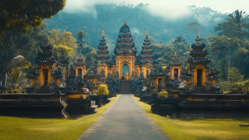 Symmetrical temple complex in tropical mountain landscape.