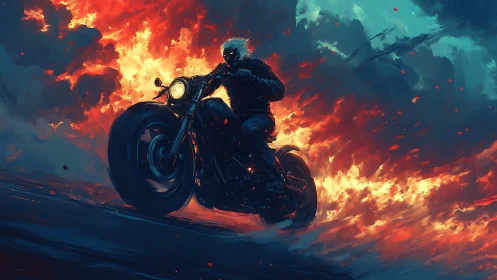 Lone biker rides through erupting firestorm at night