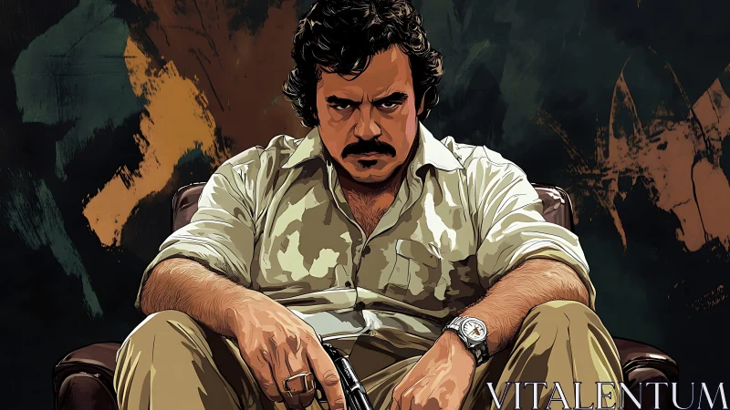 Brooding man with gun sits in moody cinematic portrait