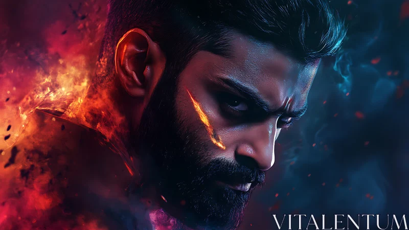 Male portrait combines fiery textures with cool blue smoke