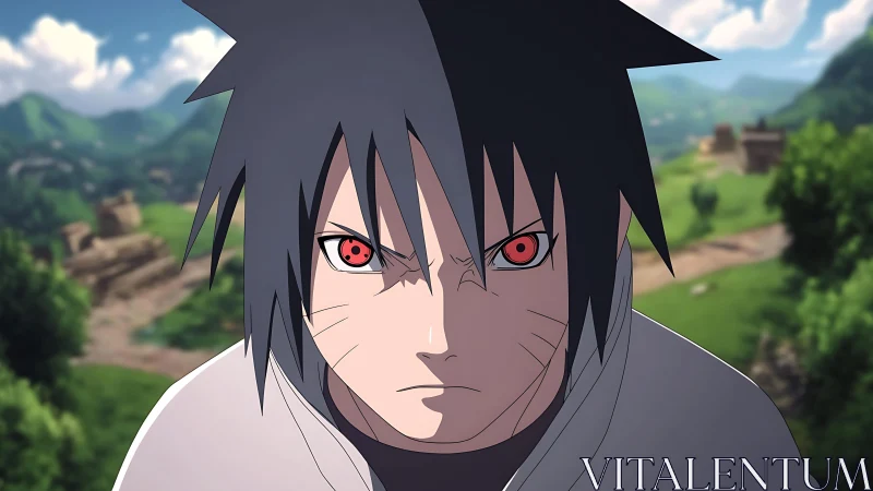 Intense anime combat gaze with red ocular focus in landscape.