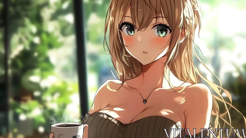 Backlit anime girl holds steaming coffee in soft bokeh interior