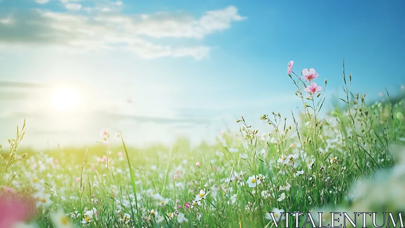 Sunlit wildflower meadow under clear blue spring sky.