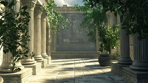 Sunlit neoclassical colonnade with vegetated stone arcade.