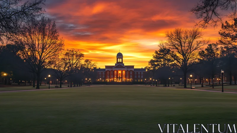Neoclassical campus building framed by vivid sunrise sky