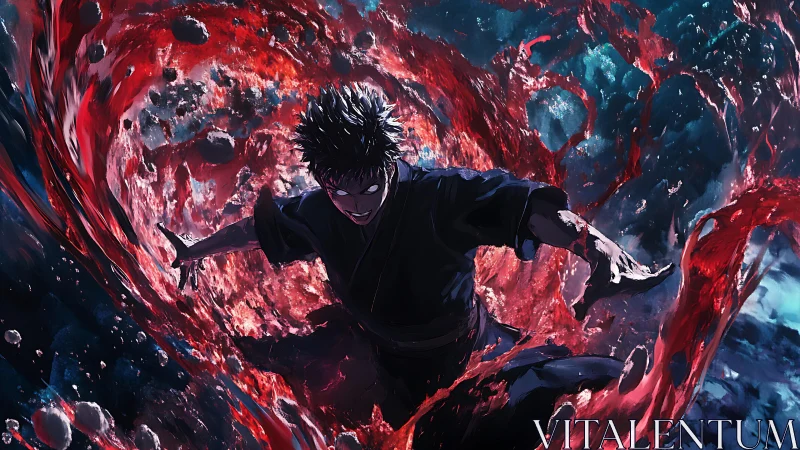 Dark anime warrior unleashes swirling crimson energy storm