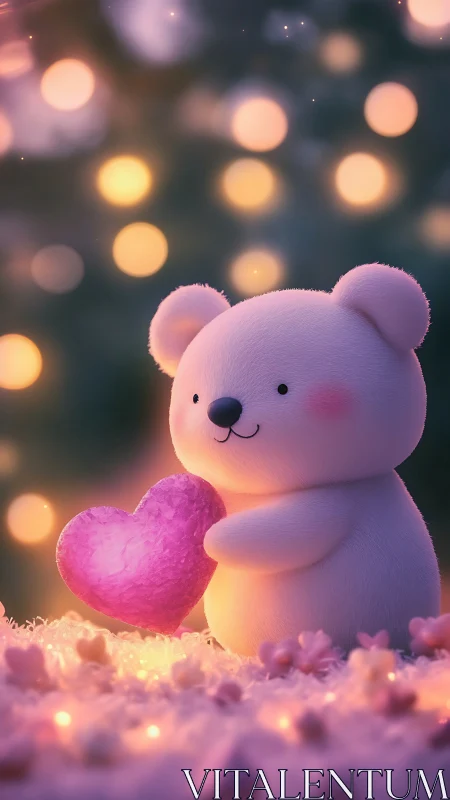 Cute plush bear holding glowing pink crystal heart at dusk.