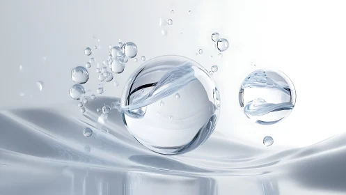 Transparent liquid spheres float above reflective fluid surface