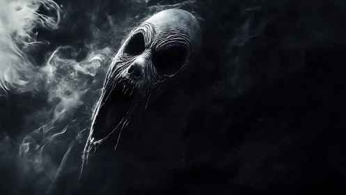 Spectral skull entity emerges from volumetric smoke in deep shadow