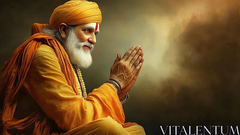 Elderly sage in saffron robes in side profile prayer pose.