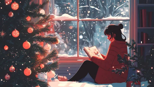 Woman reads by window beside decorated tree in winter