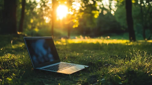 Laptop on sunlit grass amid tranquil forest clearing.