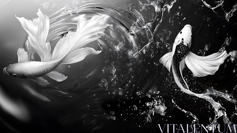 Monochrome koi fish swirl through dynamic high-contrast water