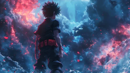 Stormlit anime wanderer staring into a shattered sky.