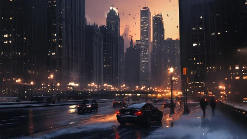 Rainy city street shows cars and pedestrians at dusk