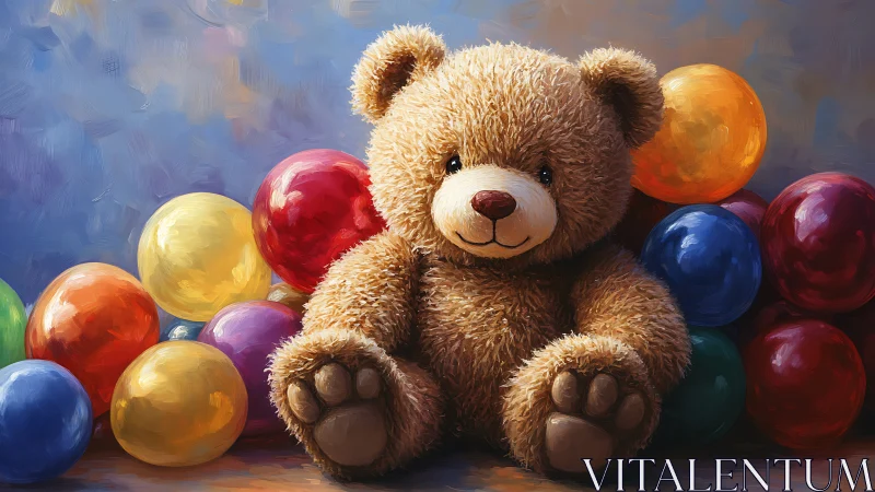 Cuddly teddy bear sits happily among bright party balloons