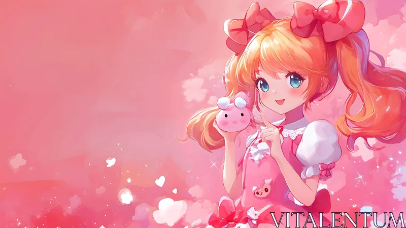 Pink anime girl with toy character on soft gradient background.