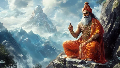 Mountain ascetic in orange robes seated on rocky ledge.
