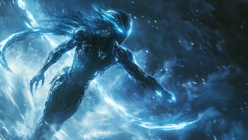 Futuristic humanoid energy entity in luminous blue void.