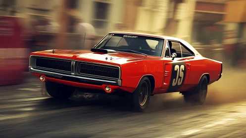 Vintage orange race car drifts through dusty urban street